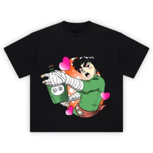 Rock Lee Graphic Tee featuring Drunken Fist Rock Lee with bottle and colorful heart accents
