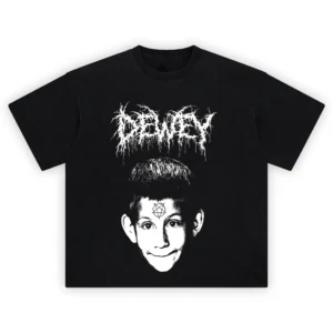 Dewey Big Face Graphic Tee with black-and-white Dewey portrait, forehead sigil, and distorted metal-style lettering